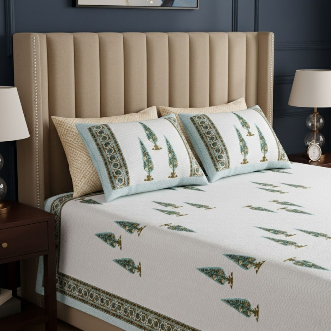 Elemental Elegance Green Block Print Pure Cotton Double Bedsheet